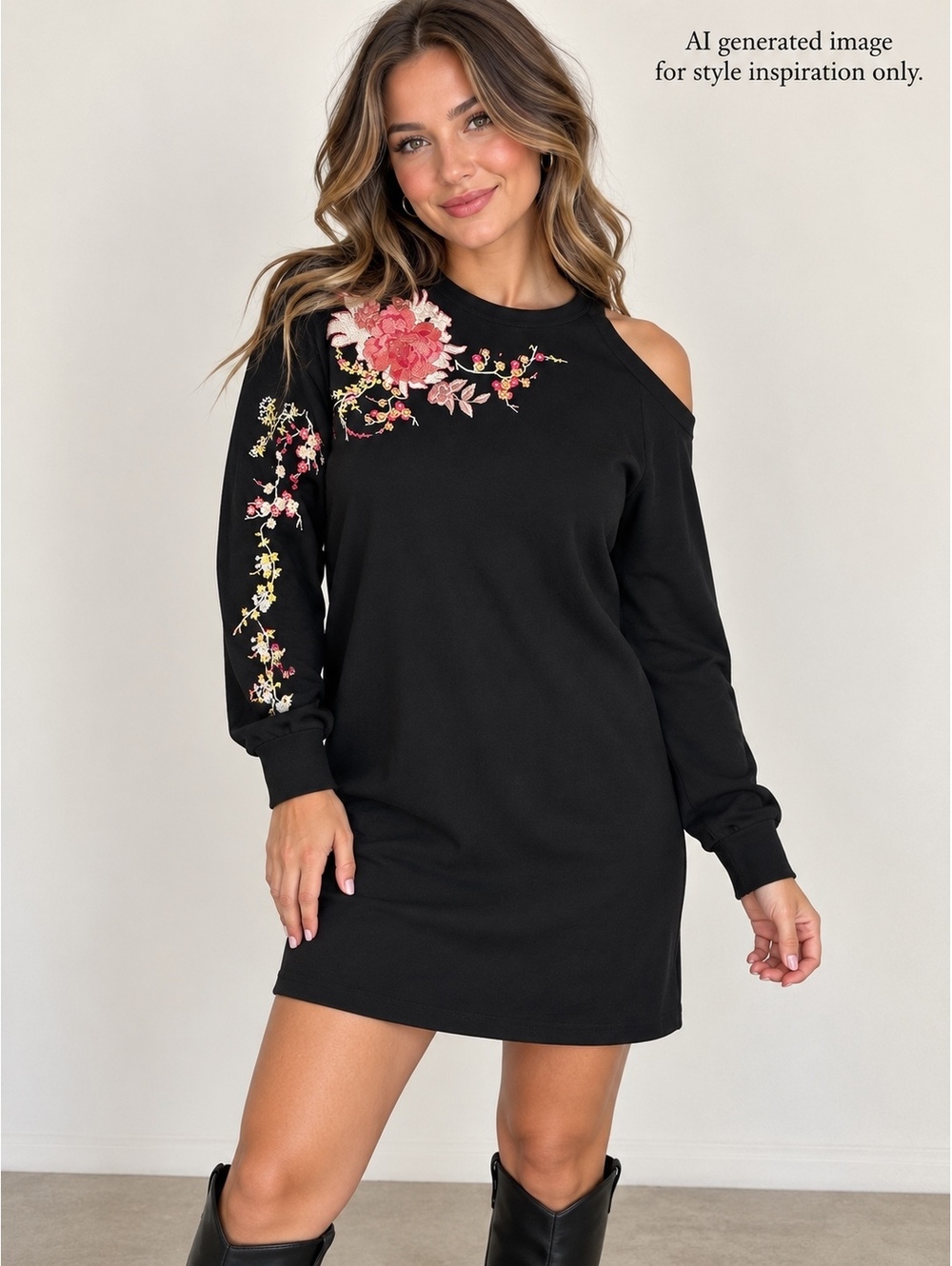 Maurices Black Floral Embroidered Sweatshirt Dress Size Small Cold Shoulder